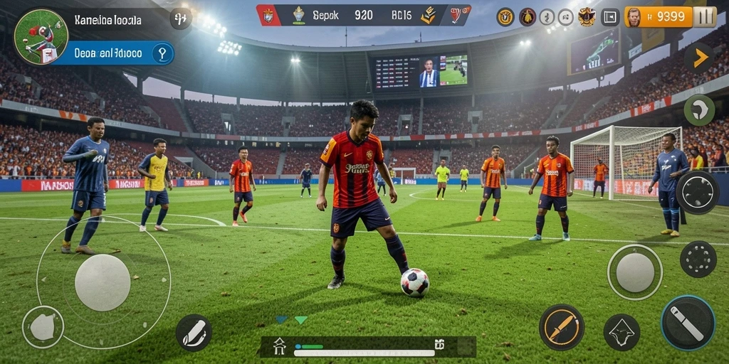 Screenshot gameplay 9399 menampilkan aksi sepak bola yang mendebarkan.