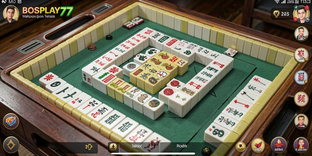 Tampilan gameplay seru dalam BOSPLAY77, menampilkan ubin Mahjong yang cantik.