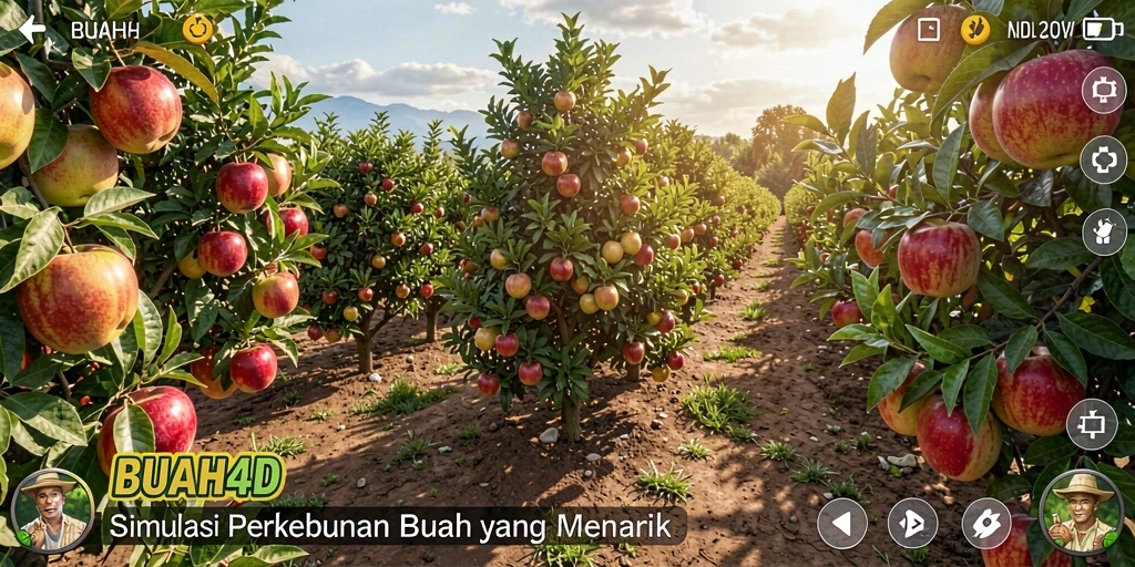 Tampilan gameplay menarik dari BUAH4D dengan grafis kebun yang hidup.