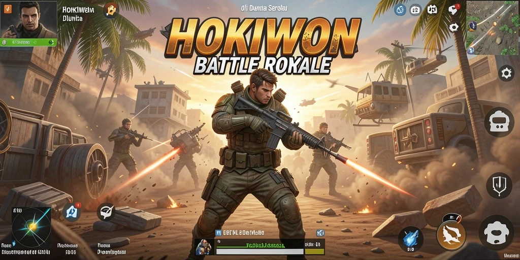 Tampilan gameplay HOKIWON yang mendebarkan di arena Battle Royale.