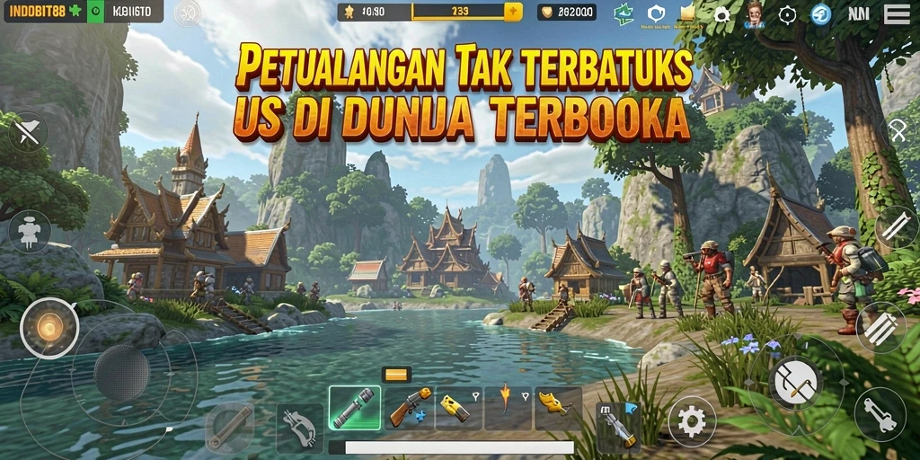 Tangkapan layar gameplay <strong>INDOBIT88</strong> yang menunjukkan petualangan di dunia terbuka.