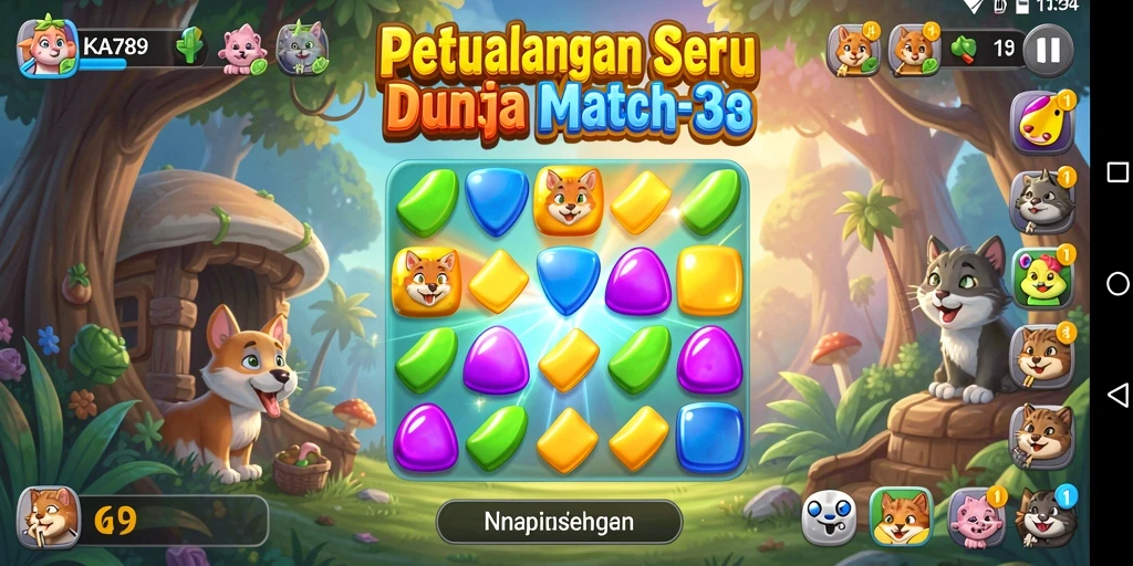 Screenshot gameplay KA789 dengan elemen Match-3 yang cerah.