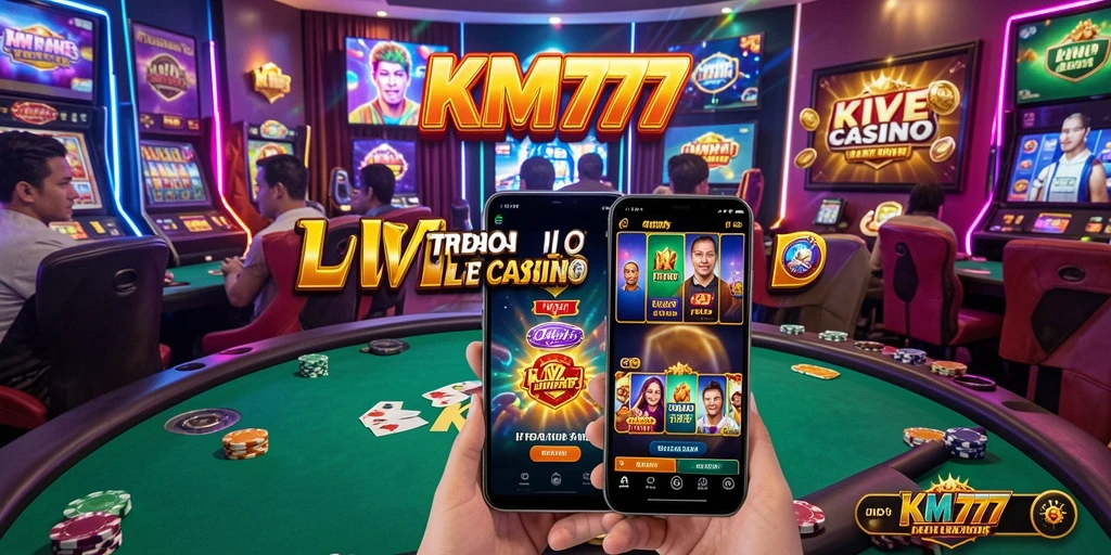 Screenshot utama KM777 menampilkan dealer langsung dan permainan yang menarik.