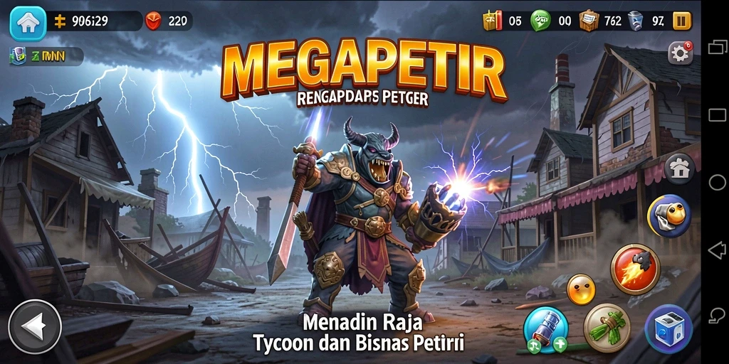 Screenshot gameplay <strong>MEGAPETIR</strong> menunjukkan manajemen bisnis petir yang menarik.