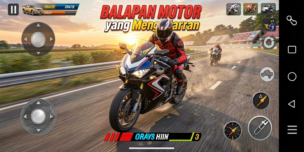 Gameplay menegangkan di <strong>ORA78</strong> saat balapan motor di trek yang menantang.