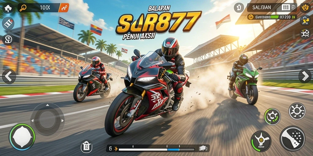 Screenshot gameplay SR877 menampilkan balapan motor yang mendebarkan.
