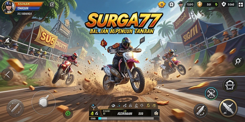 Screenshot utama yang menampilkan aksi balapan seru di SURGA77.
