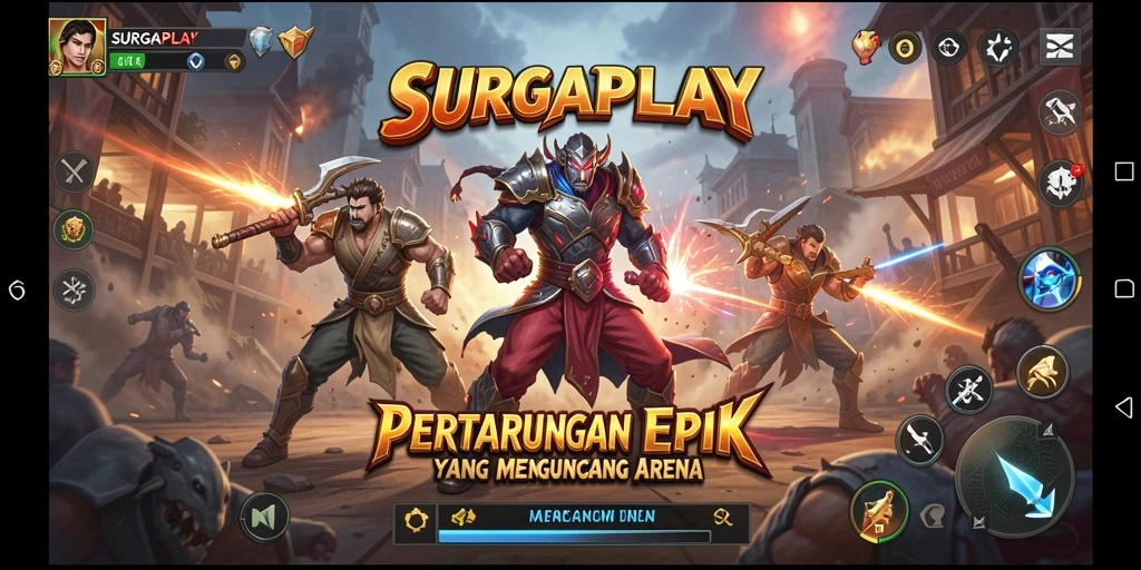 Screenshot SURGAPLAY menampilkan pertarungan epik antara karakter di arena.